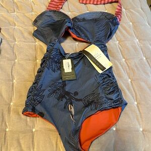 Elegant Blue and Red One Piece Swimsuit